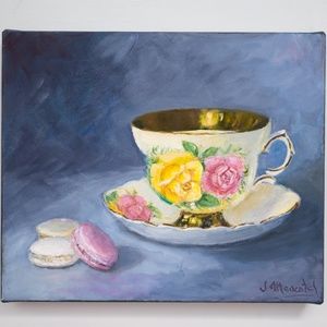 "Yellow cup  rose and three macaroons".Original oil painting on canvas  10" x 12